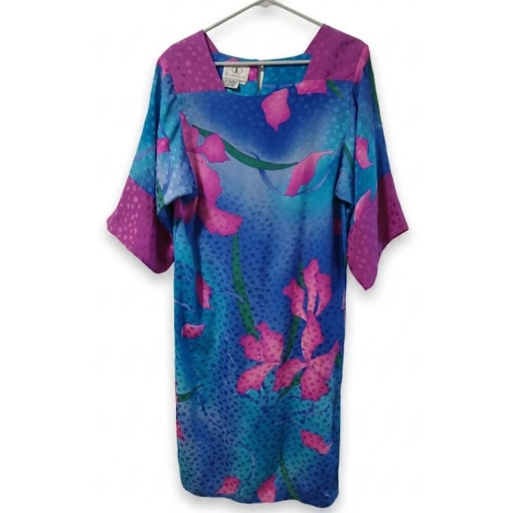 Vintage women small flora Kung 100% silk dress pink midi Hawaiian dolman sleeve